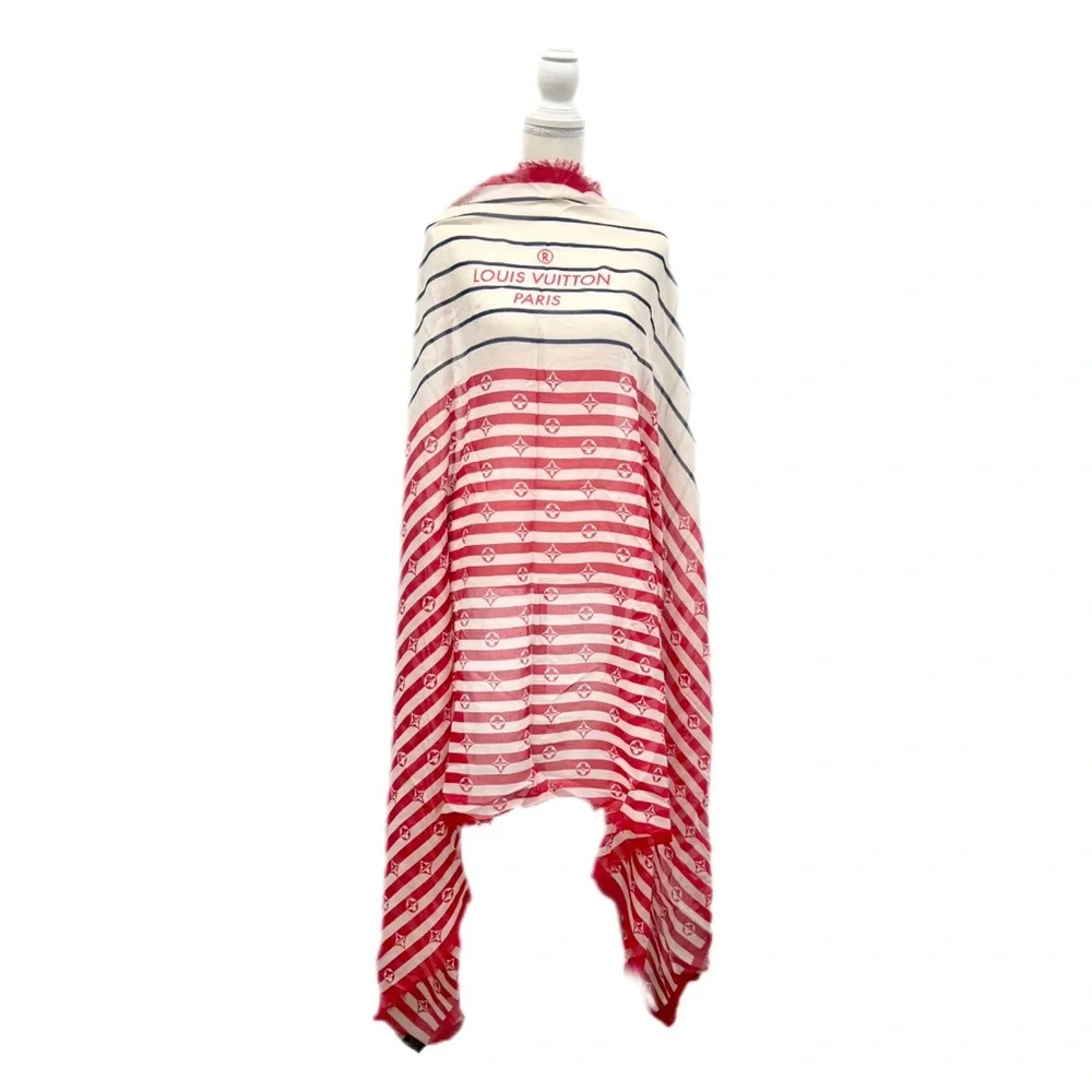 Louis Vuitton Limited Edition Striped Red Blue Monogram Scarf Pareo Shawl M76193